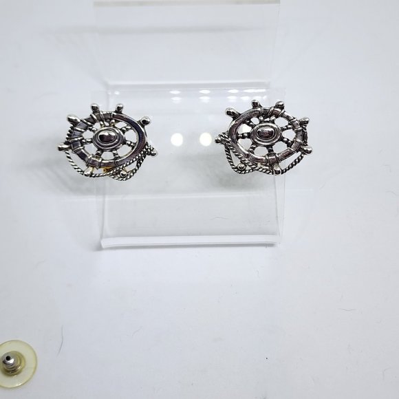 Vintage "MJ" Marie Jennifer Nautical Ship Wheel Rope Silver Pierced Earrings NOS - Picture 8 of 11